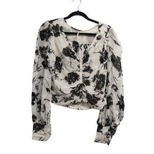 Free People Ruffled Sheer Black Floral Long Sleeve Blouse SZ M